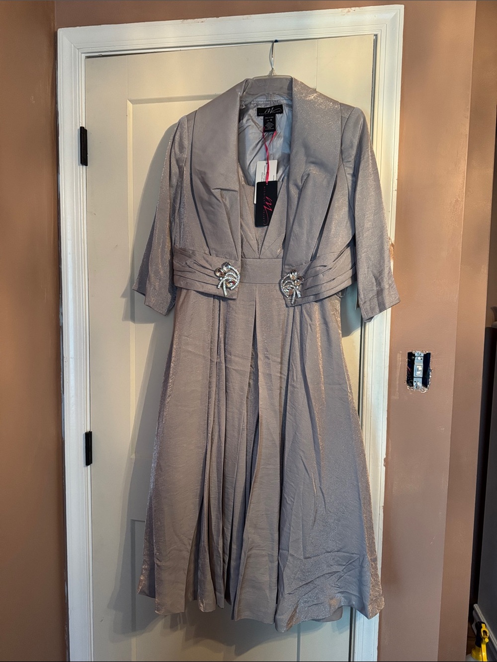 Midnight Velvet Silver-Taupe Metallic Midi Dress with Jacket